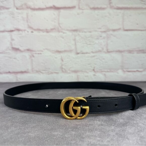 Authentic Gucci Black Leather Slim GG Marmont Belt 409417 80/32 - Picture 1 of 10